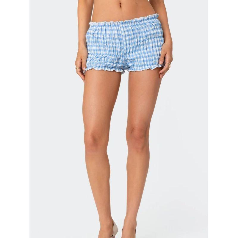 

Edikted American Retro Gingham Shorts Women s Summer New Arrival Low Waist Slim Looking Casual Pants Easiest for Match Elastic Hot Pants Blue S