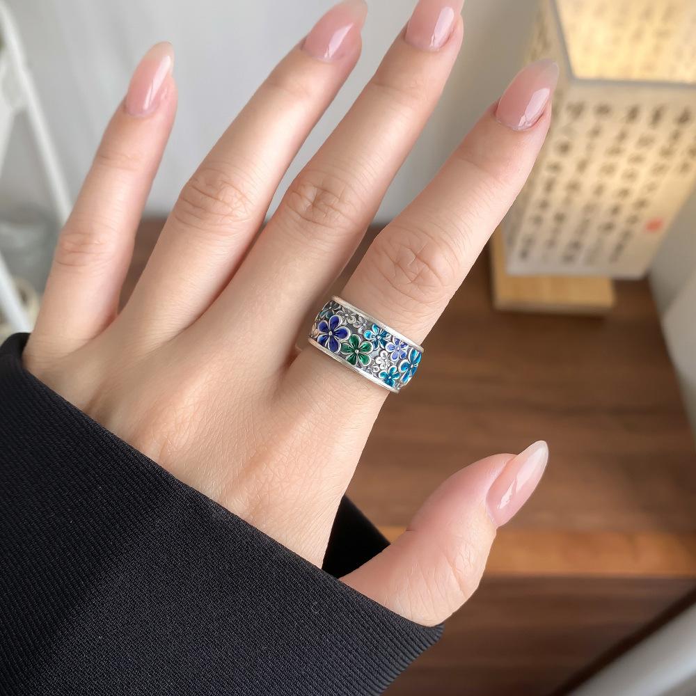 Neuer Chinesischer Ethno-Stil Personalisierter Offener Blumenring Emaille Bunt Vintage Schwere Industrie Verstellbarer Ring Lässig Alltag Zierlicher Minimalistischer Ring