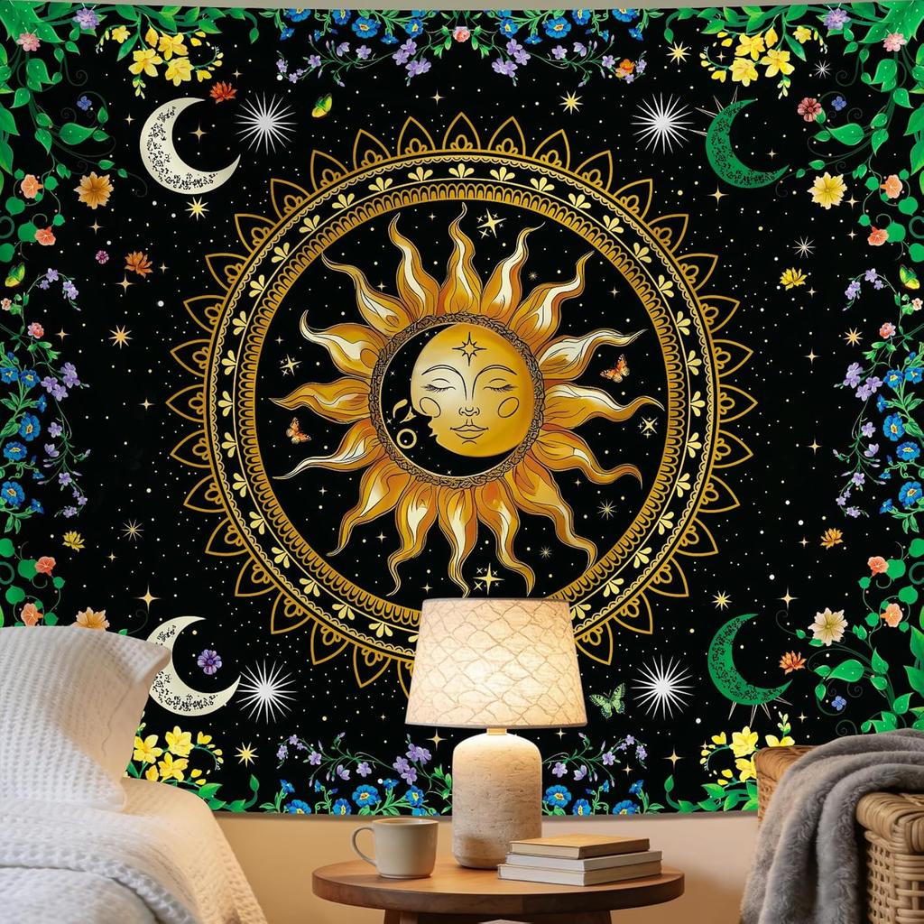 Boho Mandala Nature Tapestries Bedroom Decor,Sun and Moon Celestial Starry Night Poster,Mandala flowers tapestry wall hanging