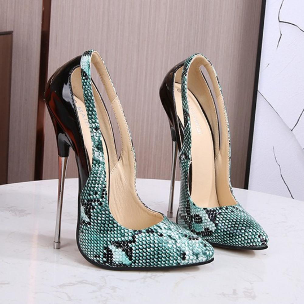 European Style Snake Print Color Block Pointed Toe Metal Thin Stiletto Plus Size Nightclub Women High Heels WZ-A16-6
