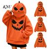 Roupa para Festa de Feriado Feminina Moletom Oversized de Abóbora de Halloween, Blusa Casual com Capuz de Manga Longa para Outono com Bolso, Fantasia de Jack-O'-Lantern