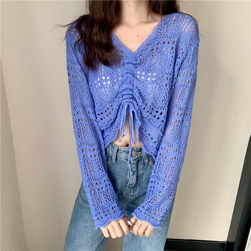 Hollow knitted sweater women's summer short drawstring v-neck lazy outside with sunscreen long-sleeved thin blouse top women