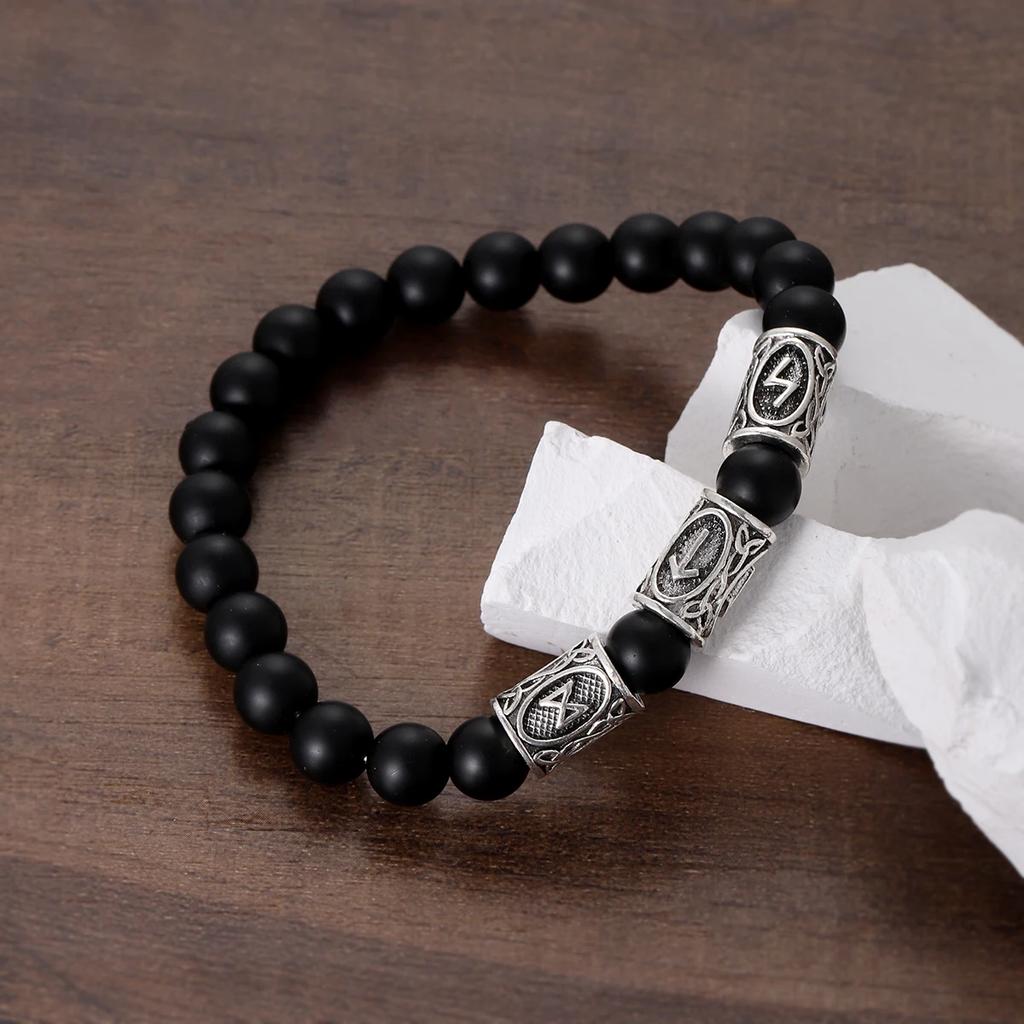 Viking Men Bracelet Norse Runes Stone 8mm Natural Jade Sodalite Turquoise Lava Beads Jewelry Bangles Homme Pulseras