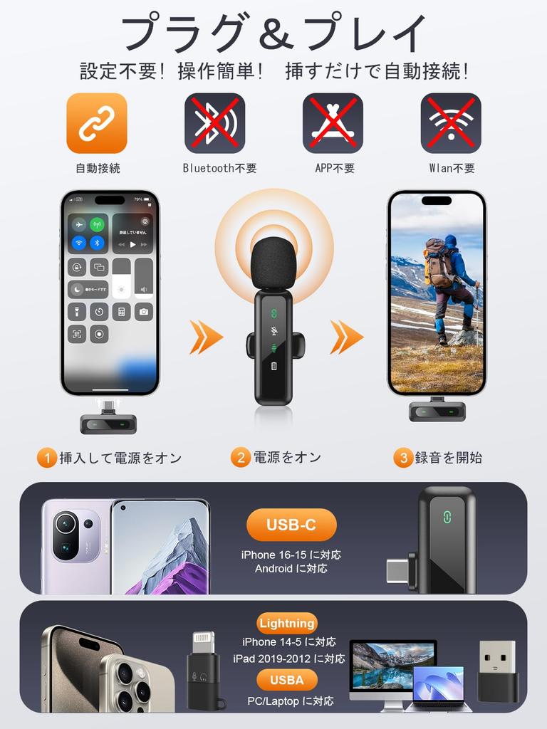 BILIWAL Wireless Lavalier Microphone, Compatible with iPhone, iPad, and Android, Instant Connection, Audio-Video Sync, 5X LED Indicators, Noise Reduct