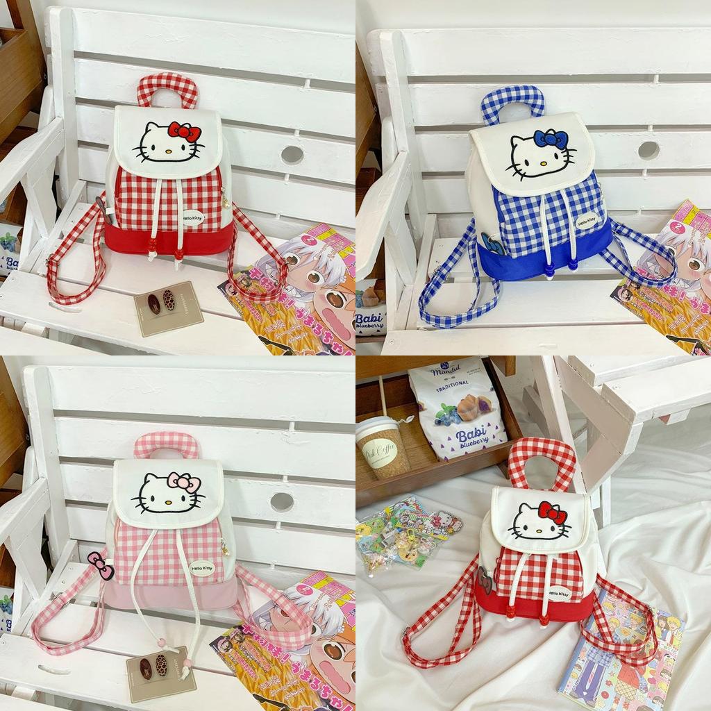 Cute Hello Kitty And Plaid Pattern Girl Canvas Backpack For Daily Use