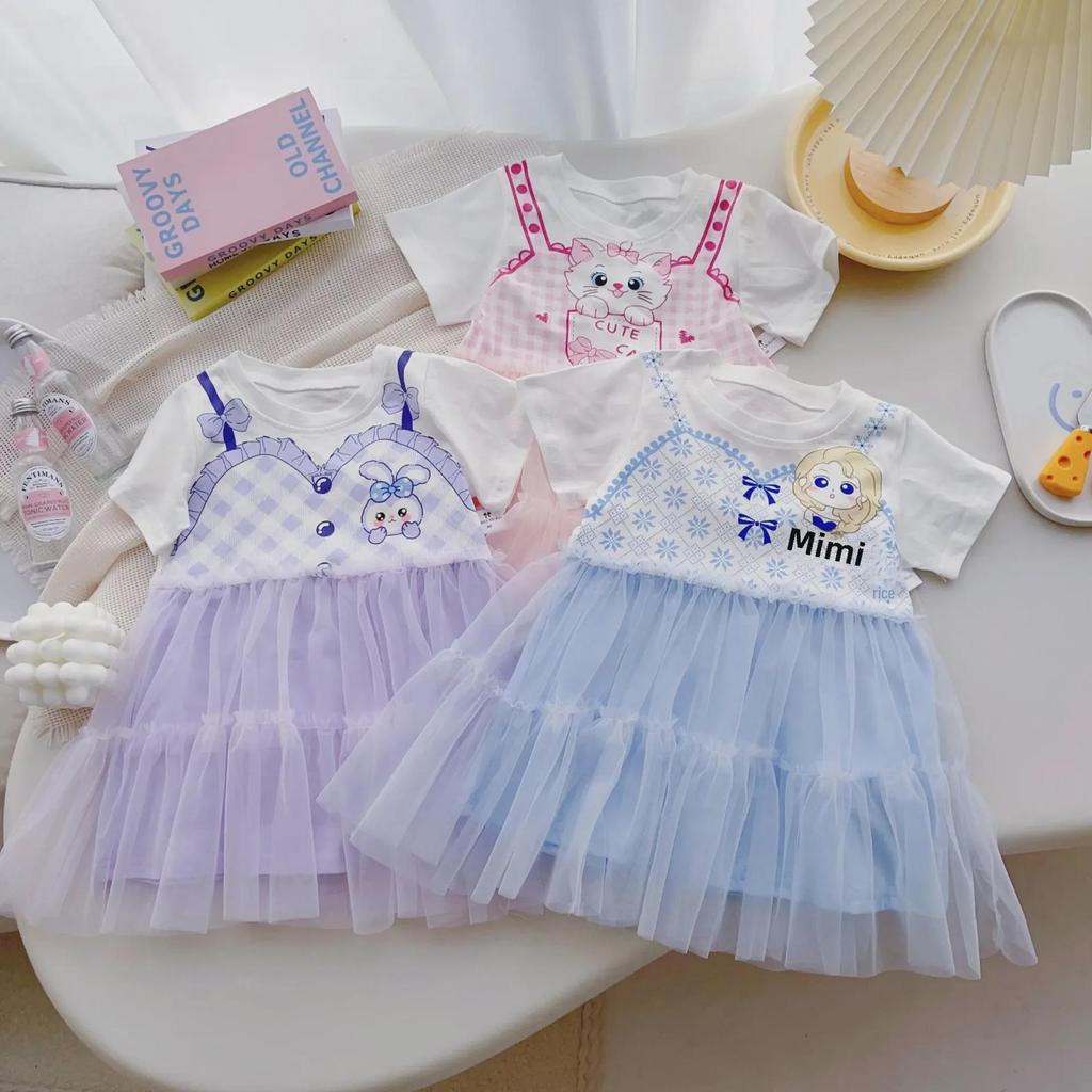 2023 Summer Girls' Cute Cotton Princess Dress with Mesh Cake Skirt