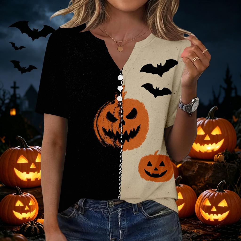Women Casual V Neck Short Sleeve Button Front T Shirt Halloween Pumpkin Bat Print Split Design Top