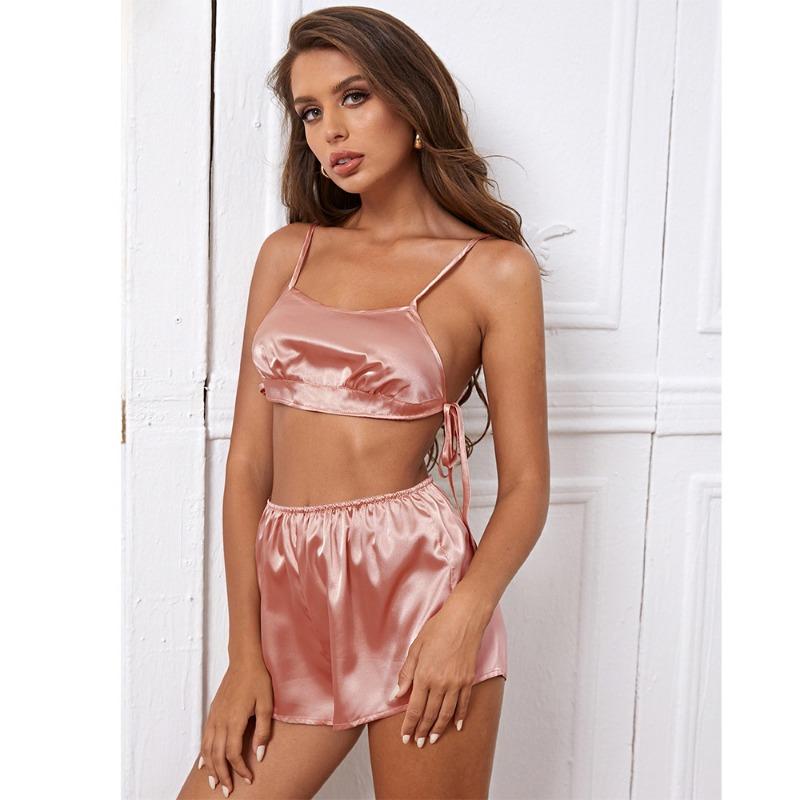 

Женская горячая сексуальная однотонная пижама из ледяного шелка, сексуальные шорты на подтяжках, комплект домашней одежды из двух предметов XL светло-розовый