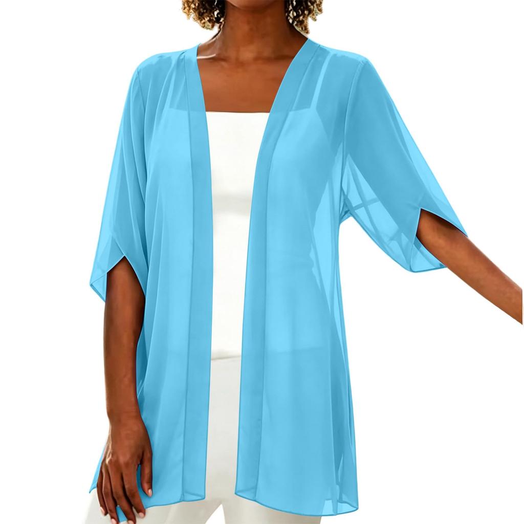 Women's Color 3/4 Sleeve Chiffon Cardigan - Lightweight Summer Loose Fit Open Front Casual Outerwear for Women