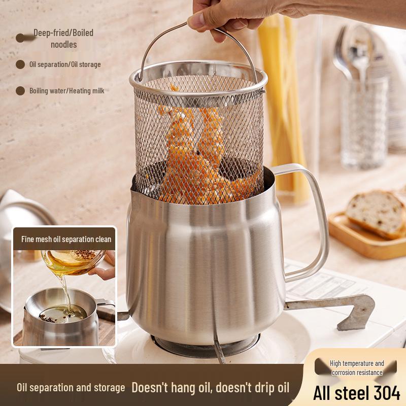 Stainless Steel 304 Dual-Purpose Oil Filter Pot with Frying Basket and Lid