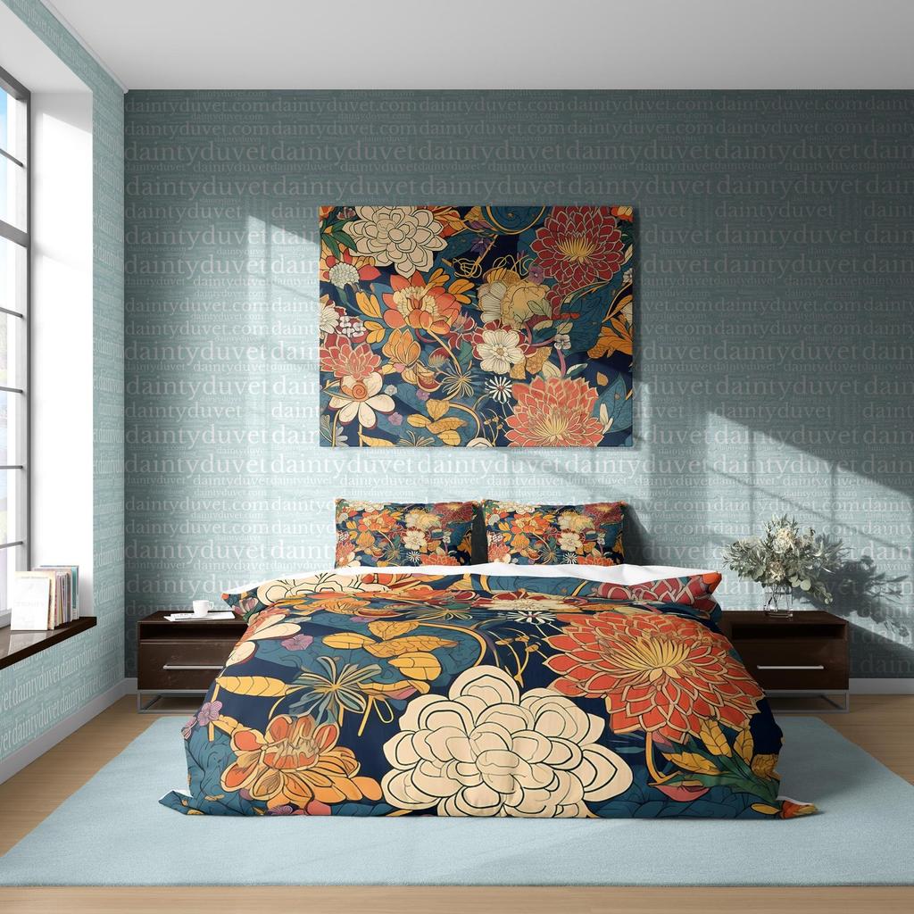 Japanese Pattern Duvet Cover Colorful Flower Quilt Cover, Chrysanthemum Bedding Set Girly Bedroom Blanket Cover, Reversible Bed Cover