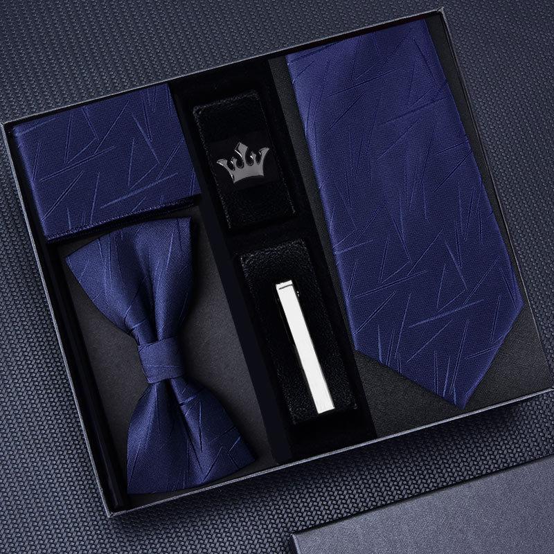 Tie Five-Piece Men'S Business Dress 8Cm Tie Blue Zipper Black Hand Tie Square Scarf Cufflinks