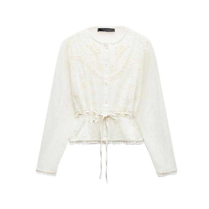

Spring New Women clothes Sweet Style Loose round Neck Hollow out Waist Hugging Embroidery Tulle Shirts 0881102 Ben White M
