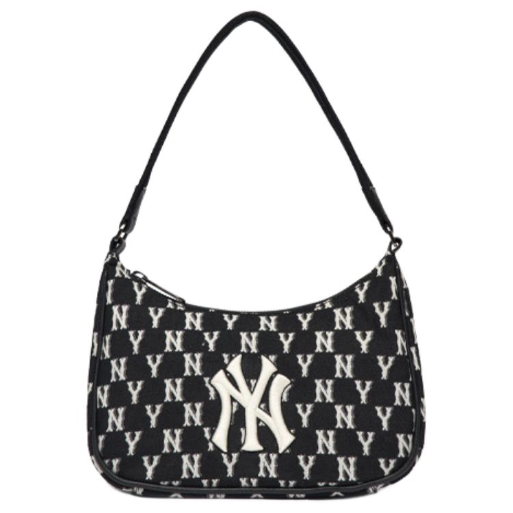 

MLB Monogram Series Vintage Floral Print NY Yankees Underarm Bag Mahjong Bag Tote Bag Women Bags Black White 3ABQS012N-50BKS Without Gift Box