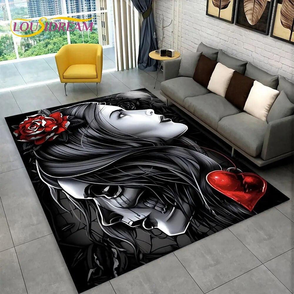 3D Gothic Horror Female Skull Dead Girl Area Rug,Carpet Rug for Home Living Room Bedroom Sofa Doormat Decor,Non-slip Floor Mat