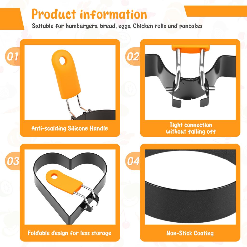 Stainless Steel Egg Ring Set Non Stick Sandwich Egg Mold With Silicone Handle for Breakfast Muffin Pancake Dishwasher Safe