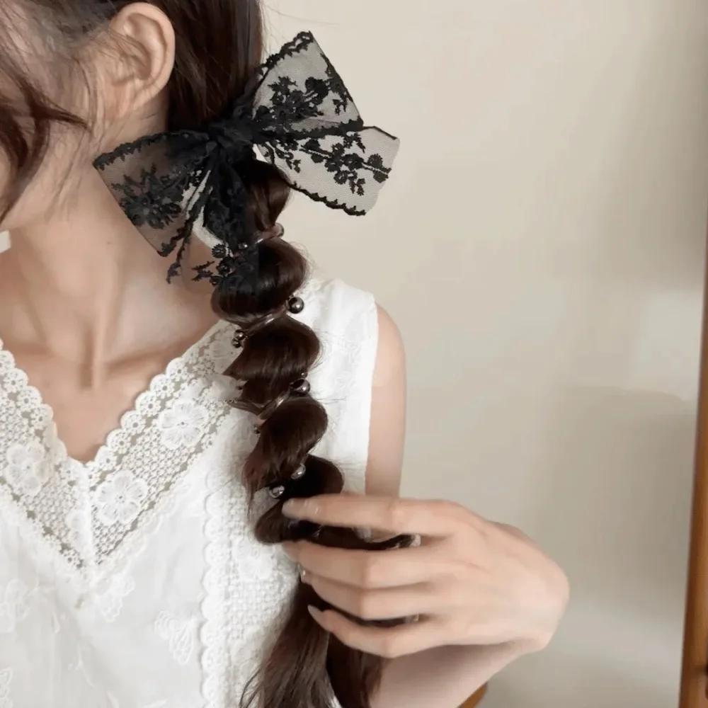 Lace Bow Bead Bubble Braid Hair Braiding Tool Elastic Hair Ties with Beads Side Ponytail Hair Ornament Styling Accessory Girls