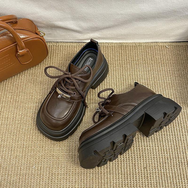 Retro Brown Small Leather Shoes Women's Summer 2025 New Lace-up Platform Versatile Single Shoes British Style Loafers Women