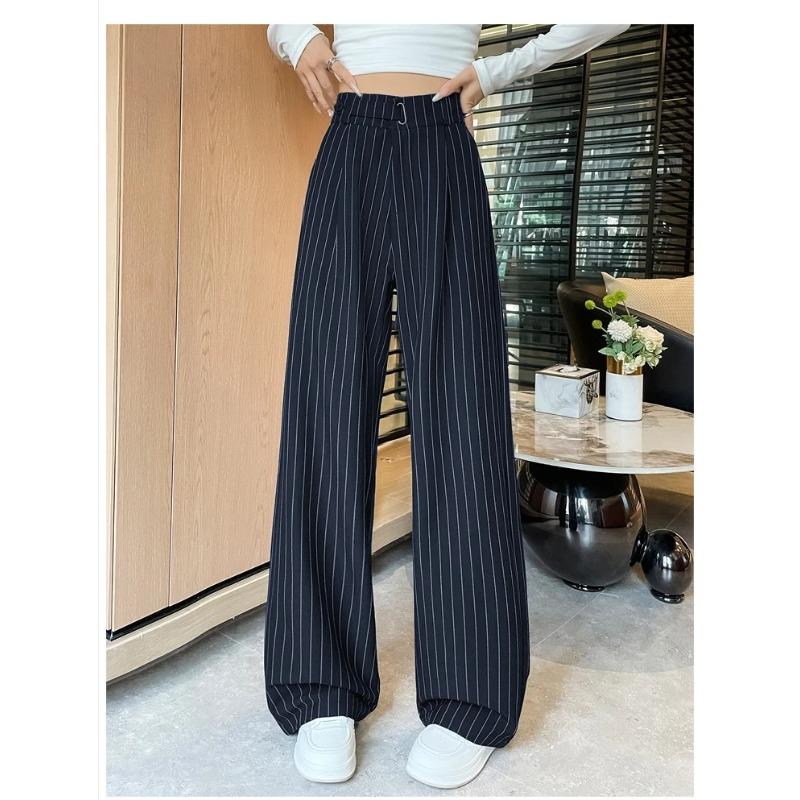 Herbst Vintage Gestreifte Lockere Damen Weite Hosen Knöpfe Frühling Hohe Taille Gerade Büro Voll Langes Hosen