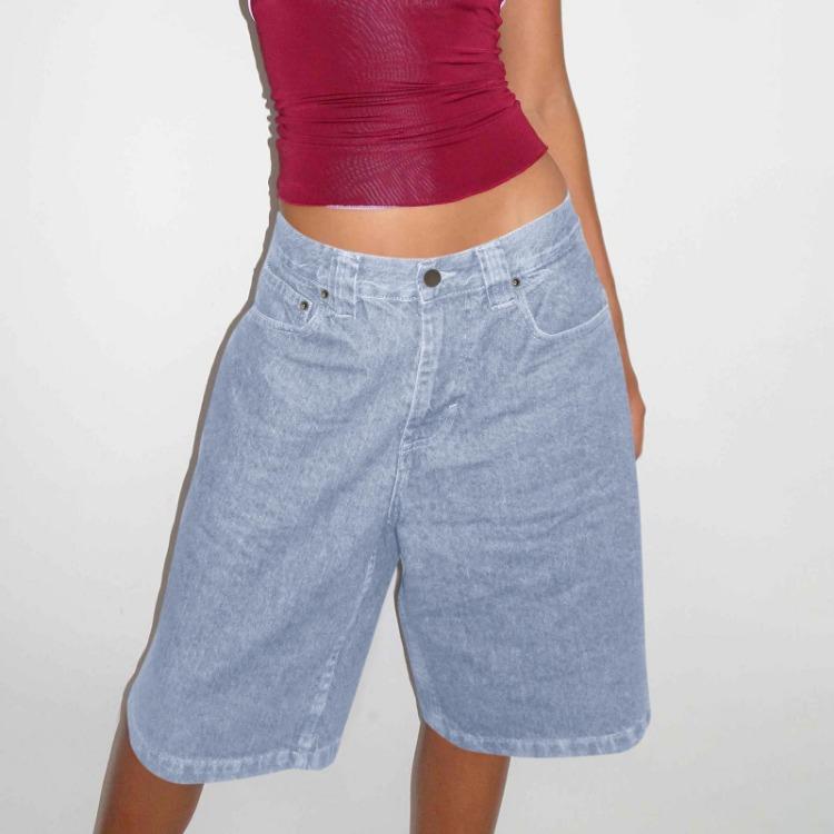 

Summer Casual Women High Waisted Trendy Jean with Button Fly and Patch Pockets Knee Length Denim S