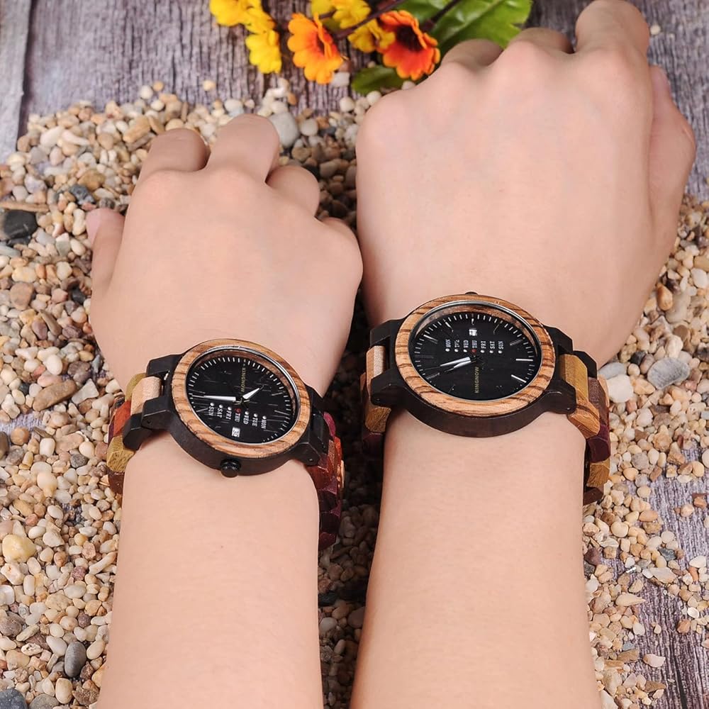 KINGNOW Couple Watch Lightweight Wooden Men's Women's Day-Date Display Japanese Quartz Unique Timepiece