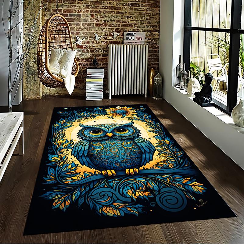 Illustrated Owl Carpet with Floral Patterns in Blue and Gold Suitable for use as an anti-slip for living room bedroom sofas