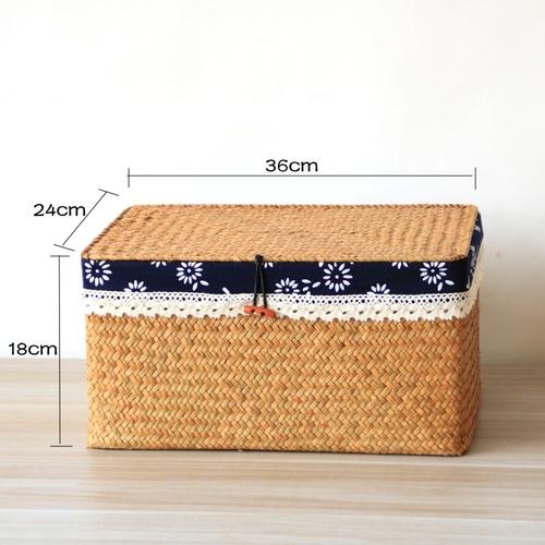 Seetanggewebte Kiste, Graskorb mit Deckel, Haushaltsaufbewahrungskorb, Snackaufbewahrung, Rattanstoff, rechteckig, Schlafzimmer-Sortierboxen