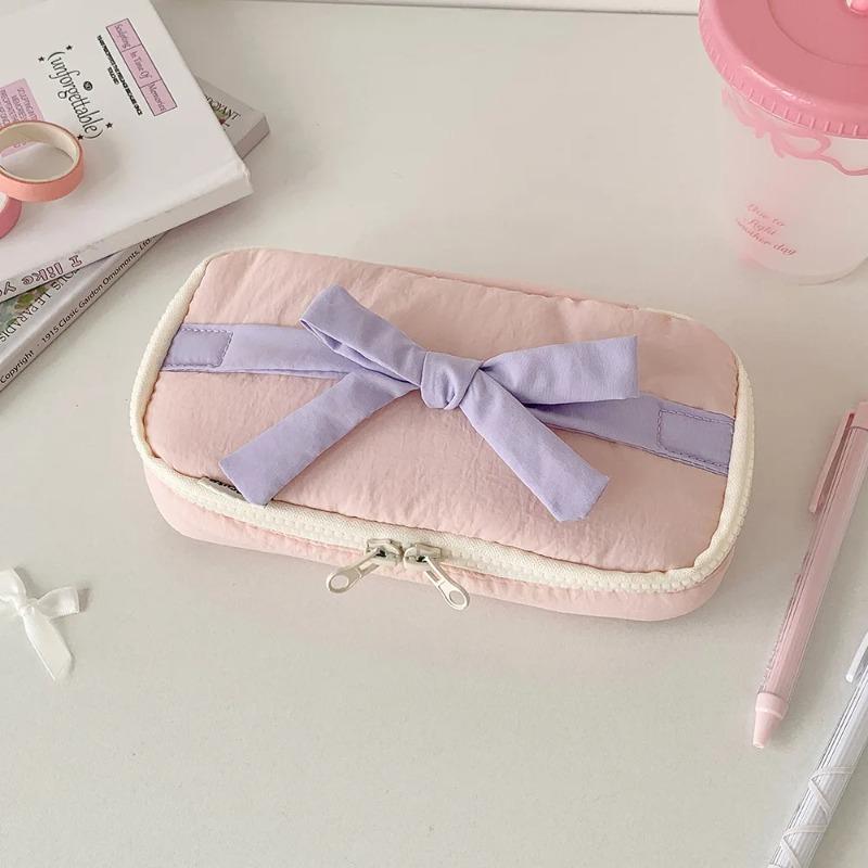 1Pcs INS Style Korean Fabric Craft Pencil Case Minimalist Bowknot Buggy Bag Student Stationery Bag Desktop Storage Bag