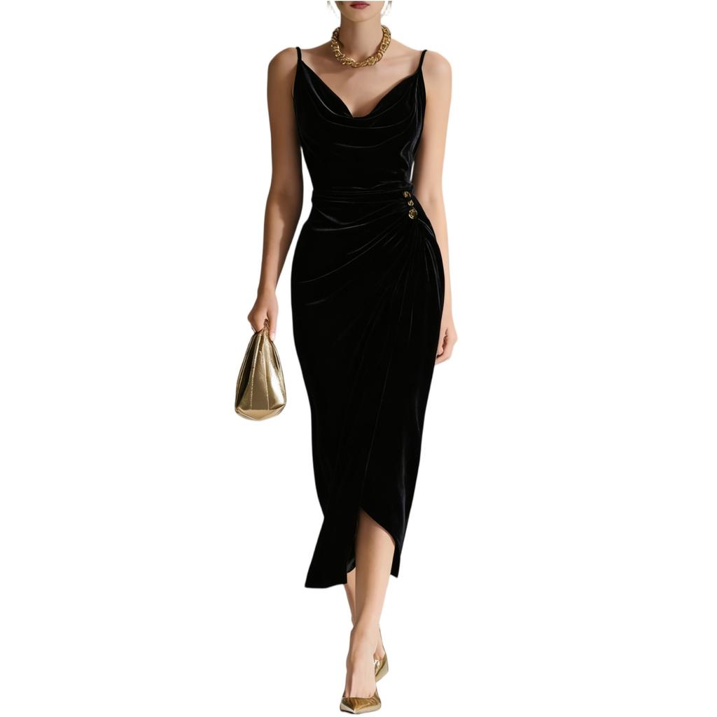 Modna i casualowa damska welurowa sukienka bez rękawów z długim rozcięciem, podkreślająca figurę