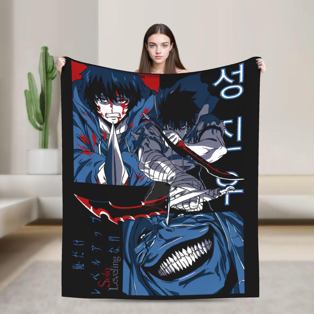 Solo Leveling Sung Jin Woo Wool Blankets Knight Killer Anime Fashion Throw Blanket for Bedspread 150*125cm Lightweight