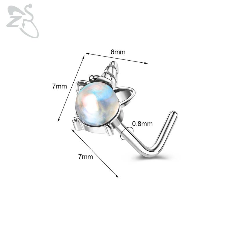 ZS 1 Piece Cute CZ Crystal Nose Stud L-Shape 20g Stainless Steel Nose Piercings Flower Moon Heart Shape Zircon Nostril Piercing