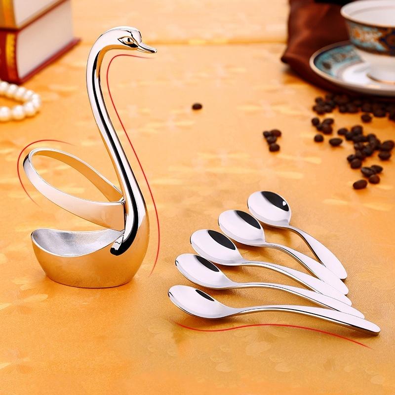 Korean Creative Thick 304 Stainless Steel Coffee Tea Long Handle Spoon Swan Cutlery Set