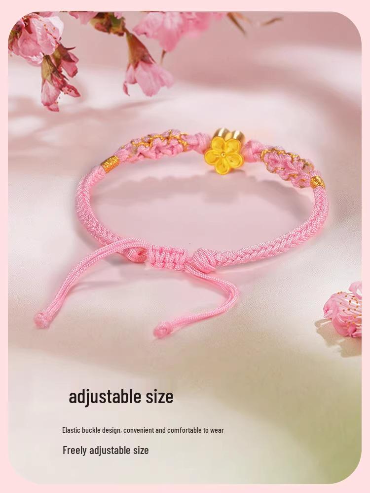 999 Pure Gold Peach Blossom Bracelet with 3D Hard Gold Luck Bead and Cherry Blossom Red Hand Rope