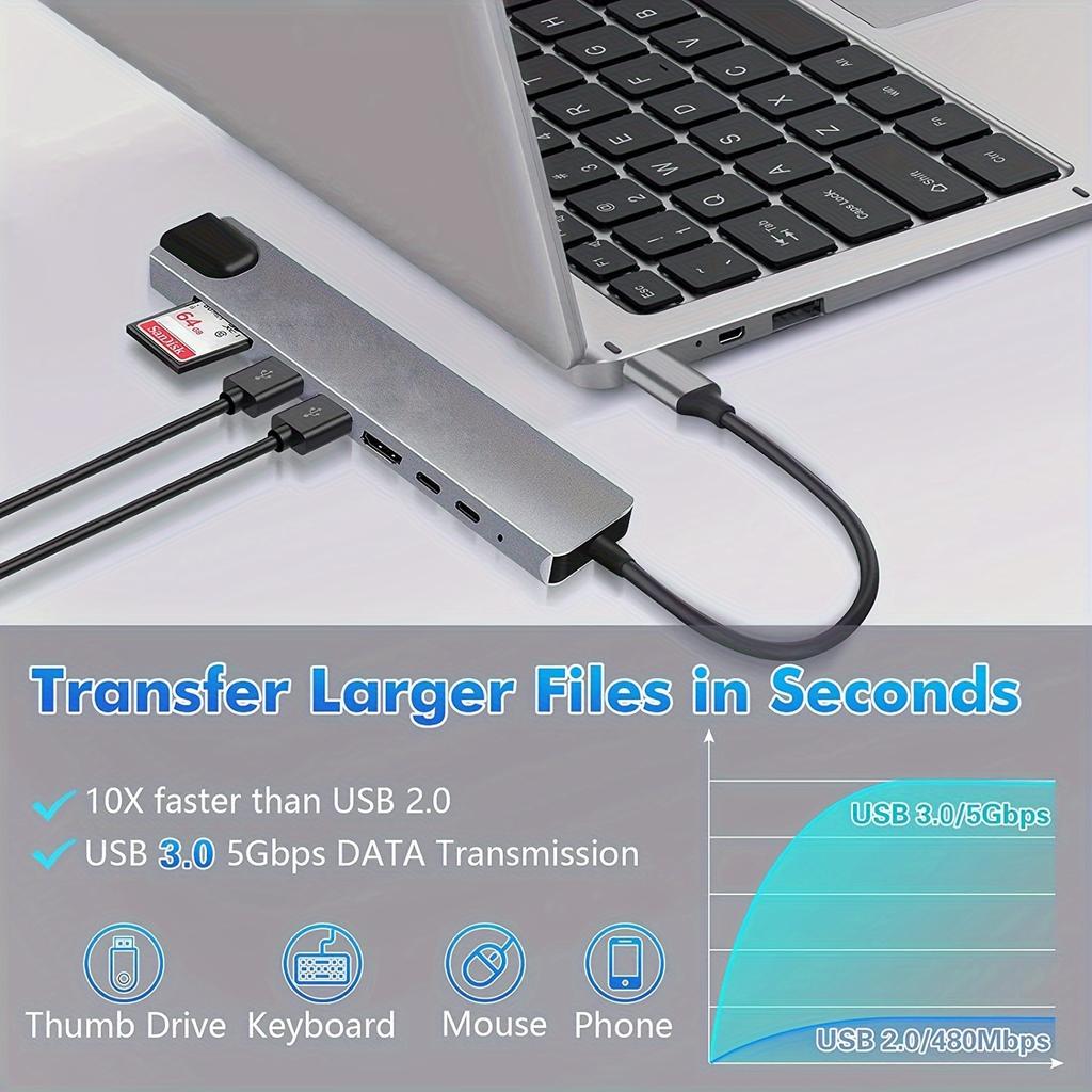 8 In 1 USB C Hub Type C To 4K HDTV Adapter with 100M RJ45 SD/TF Card Reader Fast Charger for MacBook Notebook Windows Laptop Computer