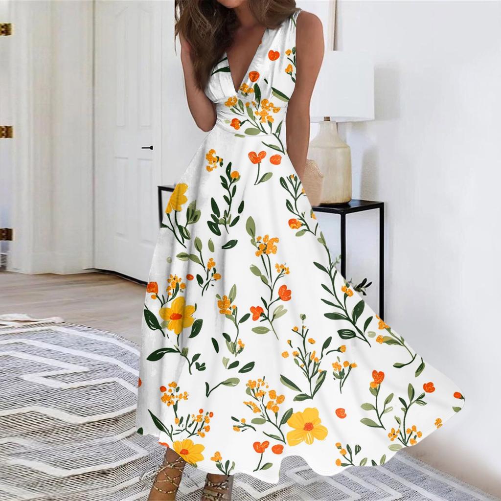 Women's Summer Fashion Retro Print V-Neck Sleeveless Long Dress