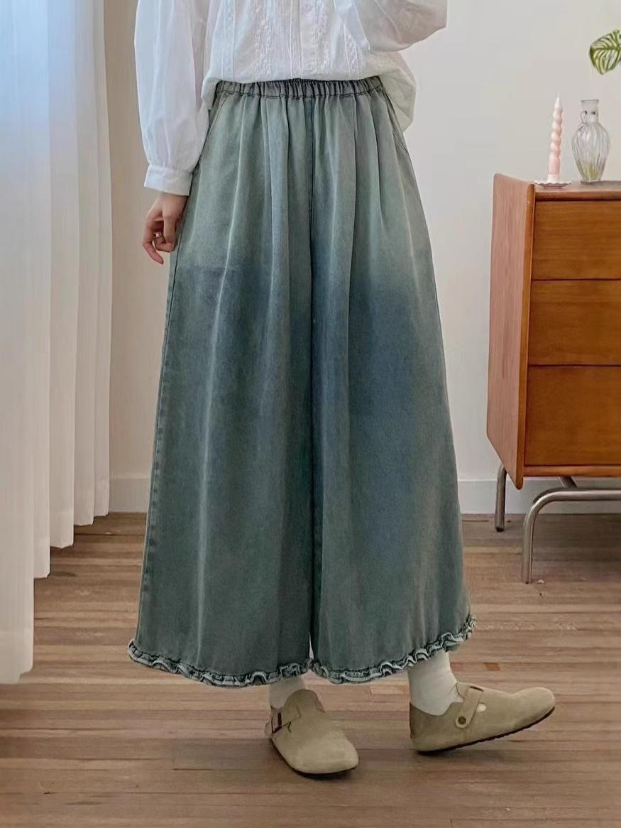 

Johnature Japanese Forest Wide Leg Pants Women Summer Loose Versatile Pants Wooden Ears Straight Pants One Size темно-синий