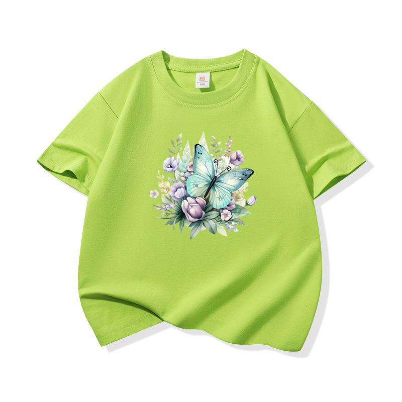 Kids Cotton T Shirt Mint Butterfly With Purple Flowers Print Crew Neck Short Sleeve Tee Casual Boys Girls Summer Tops