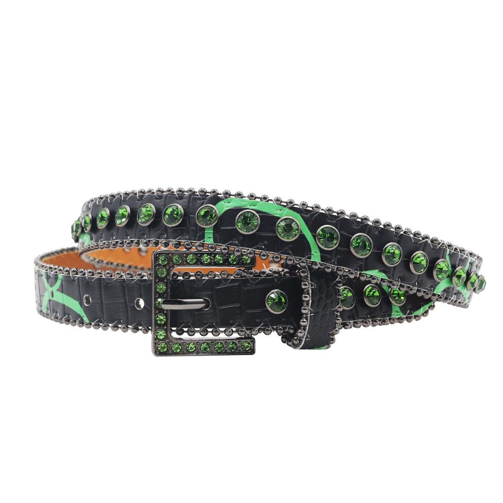 High-end Women's Patterned 2.3 Leather Belt with Pin Buckle and Rhinestones – European & American Punk Style.