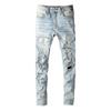 Calça Jeans Masculina GLYDE com Rasgos Patchwork e Furos de Cristal Streetwear Jeans Azul Claro Slim Skinny Lápis Calças