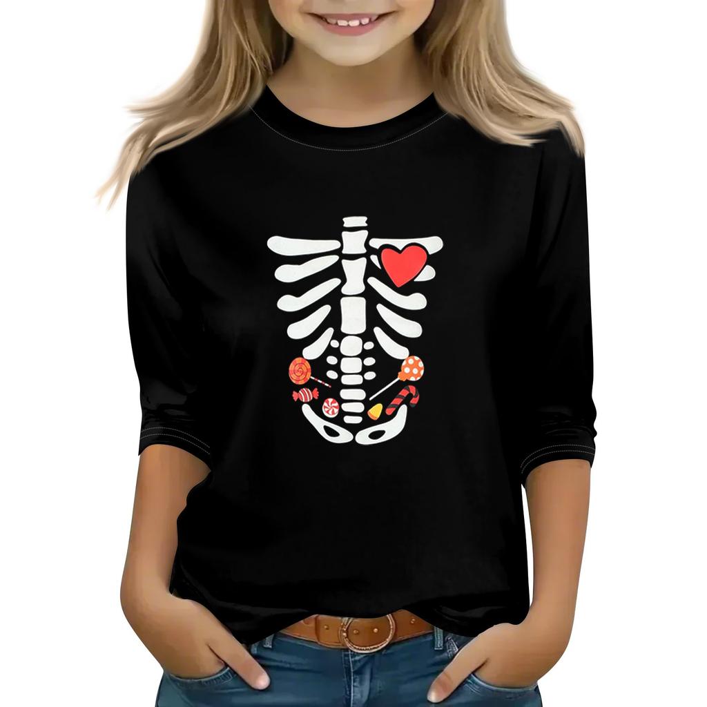 Print Tops For Youth Girls Round Neck 3/4 Sleeves T-Shirts Trendy Tops Outfit Tees