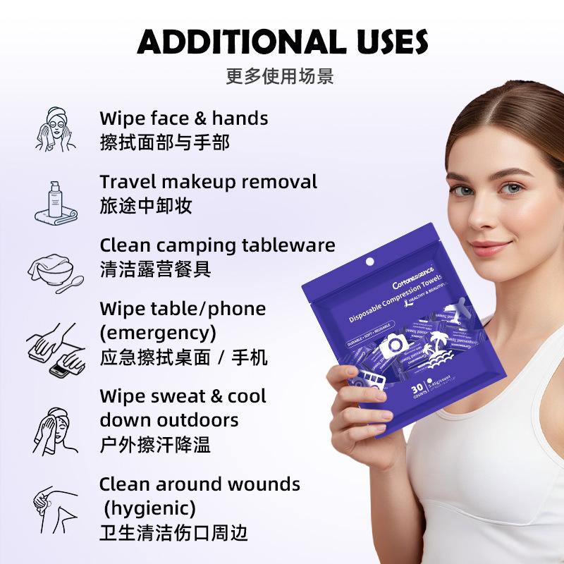 Purple compressed towel disposable portable face towel cotton coin tissue suitable travel camping hiking sports beauty salons