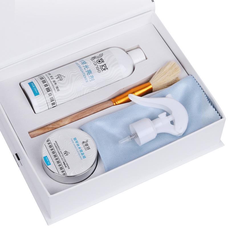 Piano Surface Care Set: Cleaner, Conditioner, Scratch Repair, Polishing Wax, Wiping Tool.