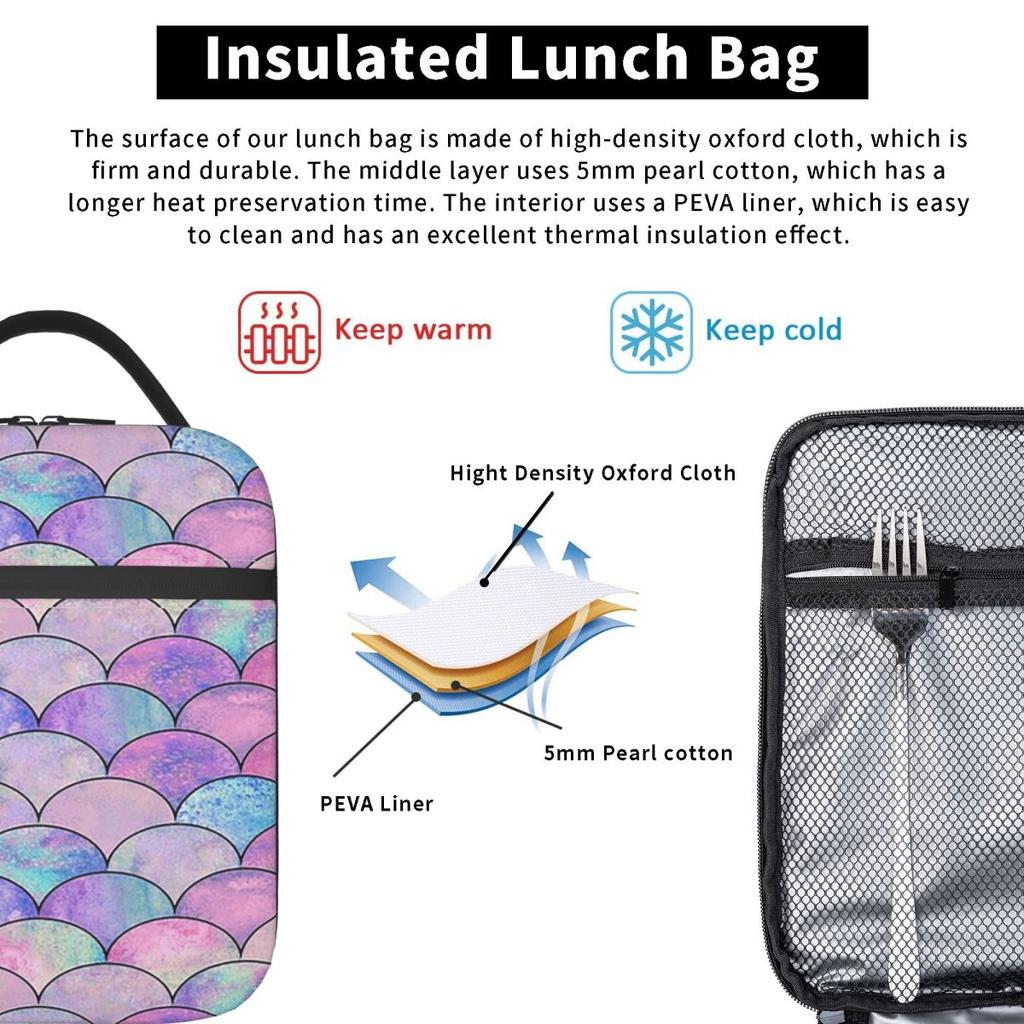 Rainbow Mermaid Scales Insulated Lunch Bag for Women Children Portable Food Boxes Thermal Lunch Box Tote