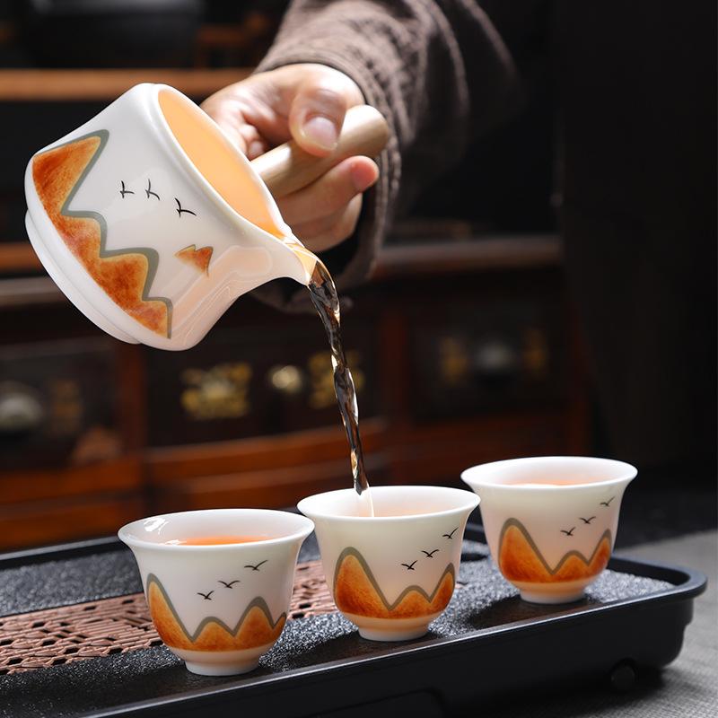 Wanli Shanhe Suet Jade Tea Set, High-end Gold-painted Household Kung Fu Tea White Porcelain Teapot, Chinese Simple Gift Box