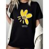 A Loose Black Short-Sleeve T-Shirt for Women Featuring a Sunny Smiling Flower Print, a Must-Have for Trendy Outfits