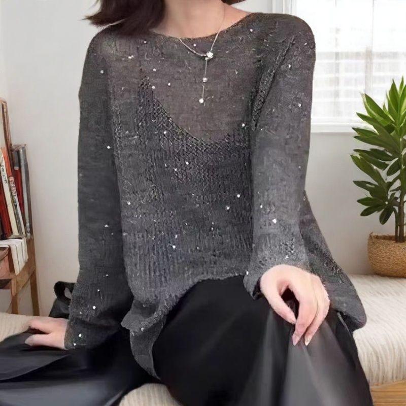 

Autumn Layered Pullover with Chic Design Sequined Sweater Retro Light Luxury Casual Loose Long-sleeved Blouse Top L темно серый