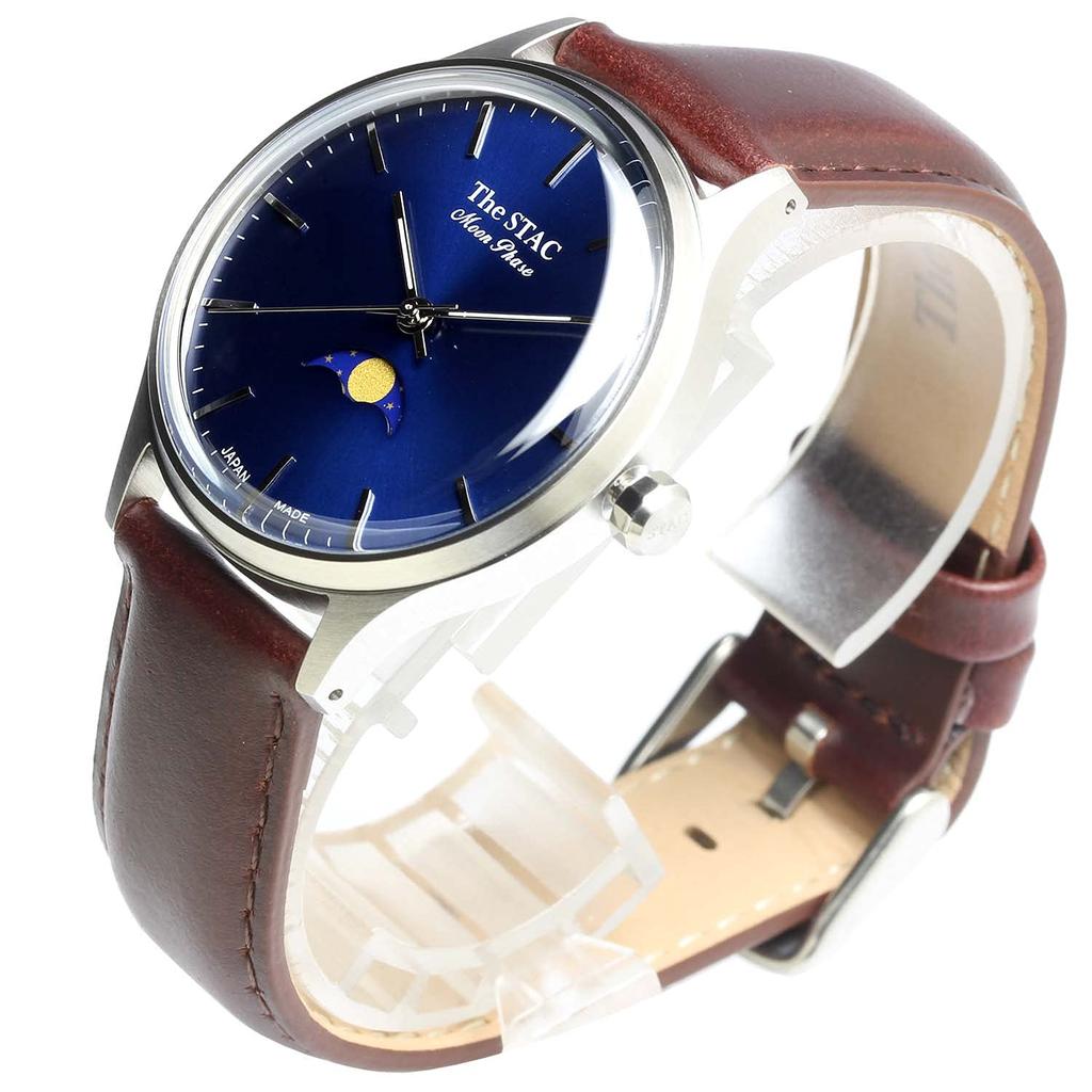 [The Stack] The STAC Made In Japan Domestic Watch 36mm Antique Retro Men's Women's Unisex Moon Phase Bar X Blue Brown ST-MF001