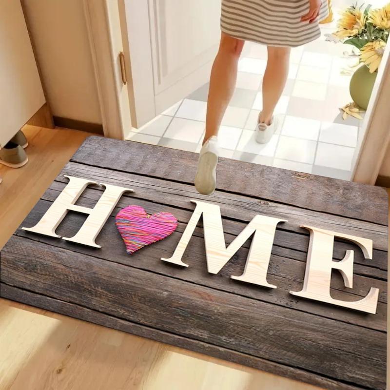 HOME Letter Print Door Mat Brown Retro Wood Grain Print Non-slip Entryway Rug Absorbent Mat Home Decor Rug for Front Door Porch