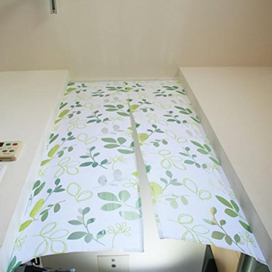 Stylish long noren curtain by Sunnyday featuring an opal leaf design in approximately 85cm wide x 150cm Nordic-style Fabric, green, long.