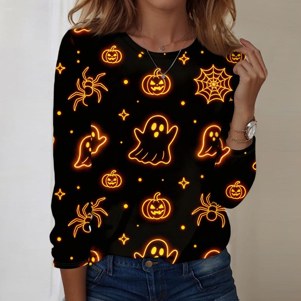 Women Casual Long Sleeve Pullover Sweatshirt Halloween Pumpkin Print Round Neck Top Lightweight Comfortable Fit